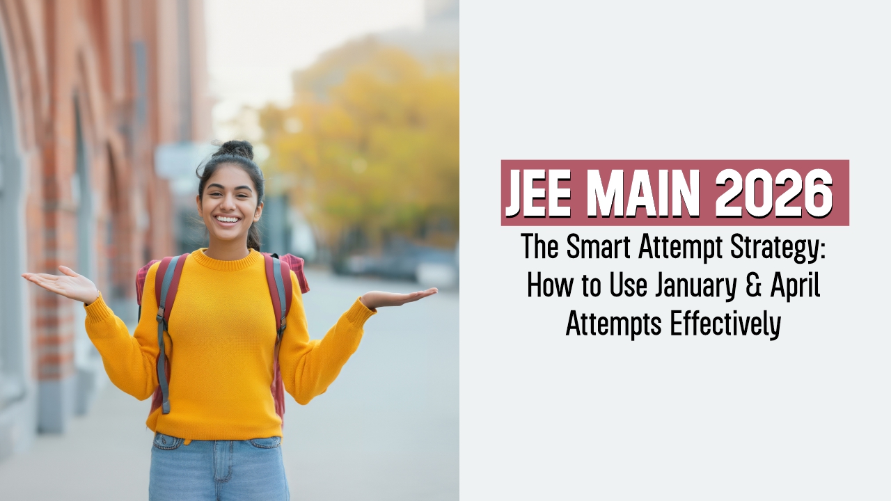 AI graphic showing JEE Main 2026 smart attempt strategy with January vs April attempt breakdown and exam improvement insights. 