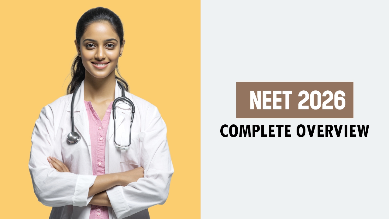 Illustration showing students preparing for NEET 2026 with medical symbols, books, stethoscope, and exam guidance visuals. 